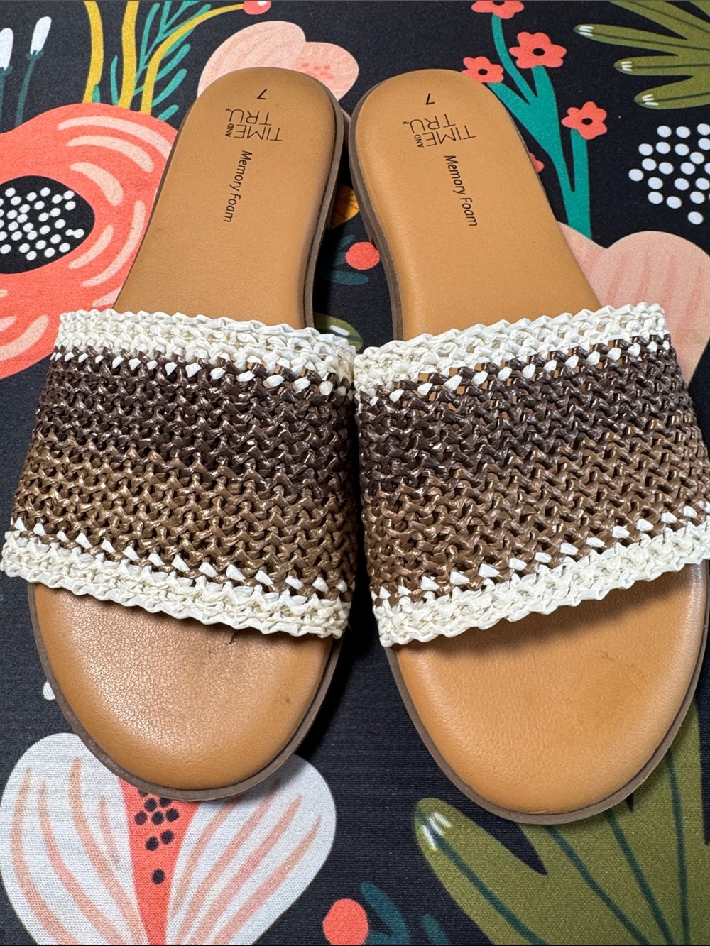 Time and Tru Brown and Cream Woven Slide Sandals - Women's